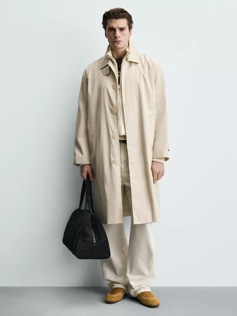 NWT Zara Men's Trench Coat Size S Regular Fit Cream Beige Cotton Blend